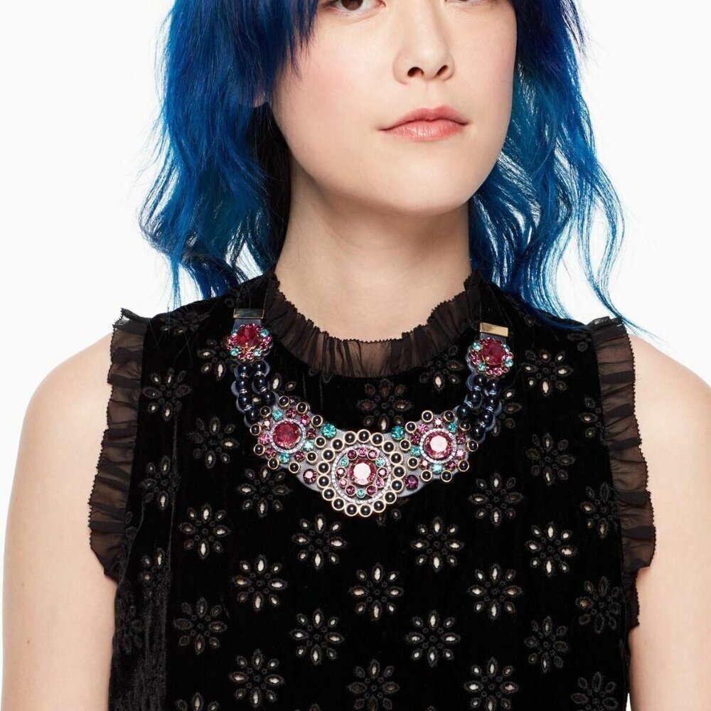 Kate Spade Statement Necklace Leather Crystal Pearl Beads Victorian Box - Picture 4 of 8